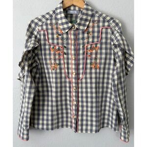Blue B Women Gingham Cactus Bloom Embroidered Western Shirt Blouse Ruffle Snap